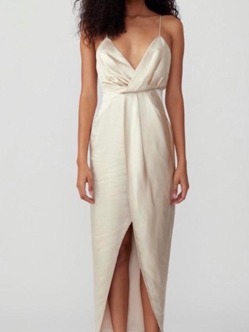 Fame and Partners Cream Satin Wrap Midi Dress with Spaghetti Straps